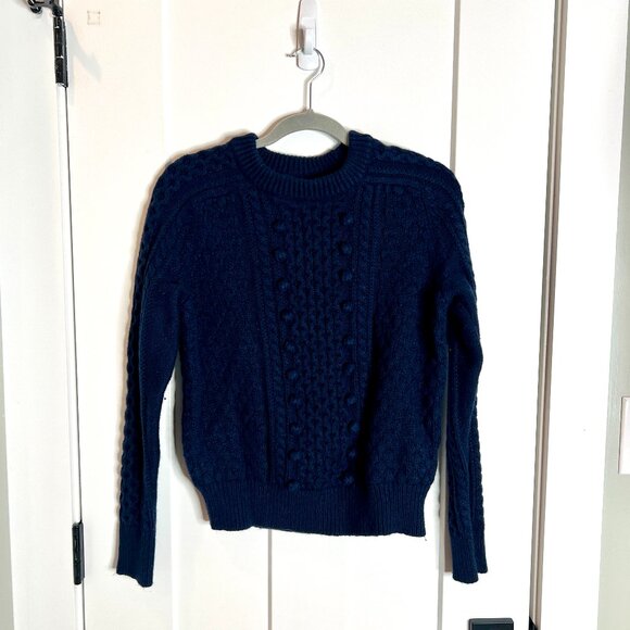 J. Crew Navy Blue Popcorn Cable Knit Crew Neck Sweater Lamb's Wool Blend Size M - Picture 2 of 6